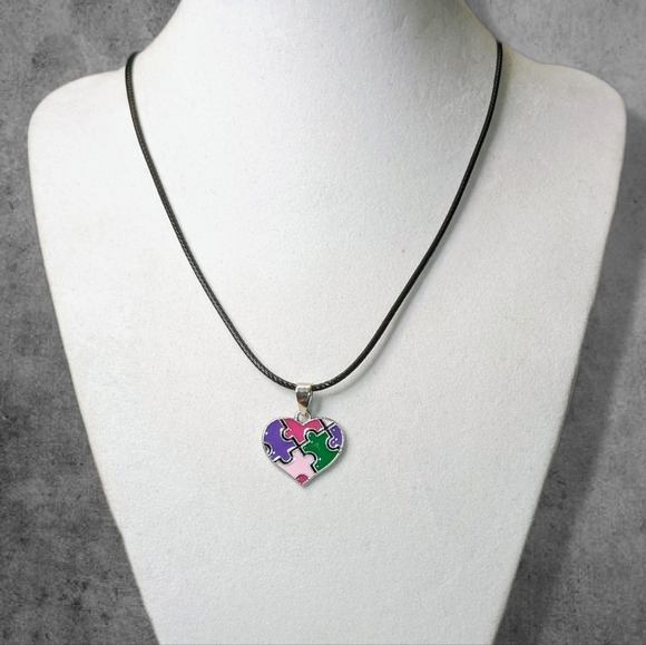 New Autism Awareness Necklace Heart Puzzle Piece Charm Silver Chain Pink - Picture 3 of 8